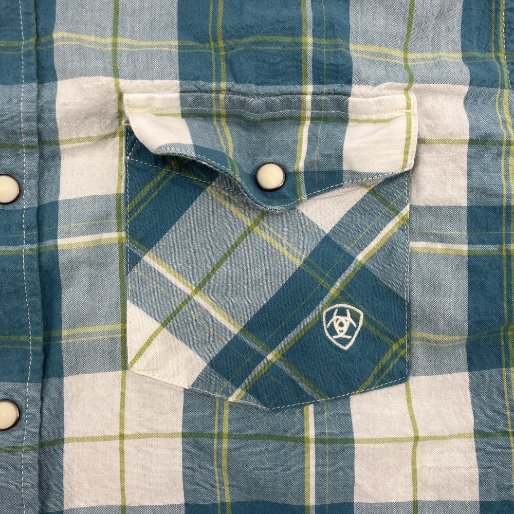 Ariat Harry Retro Fit Short Sleeve Pearl Snap Plaid Shirt Mens Size Large Blue - Picture 2 of 10
